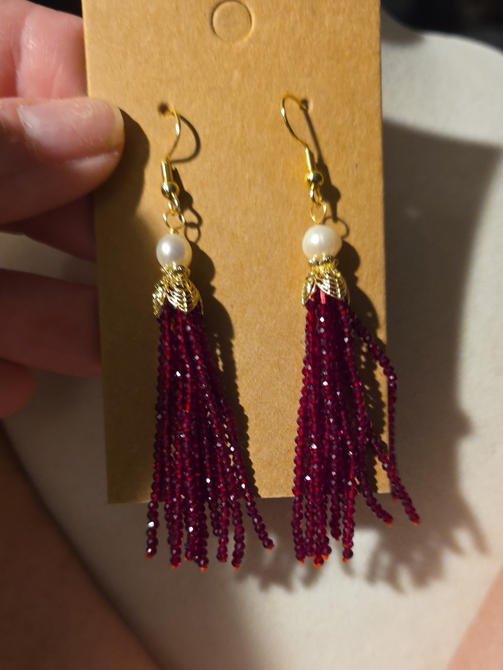 Shell Pearl With Dangle Burgandy Jade Tassel Earrings